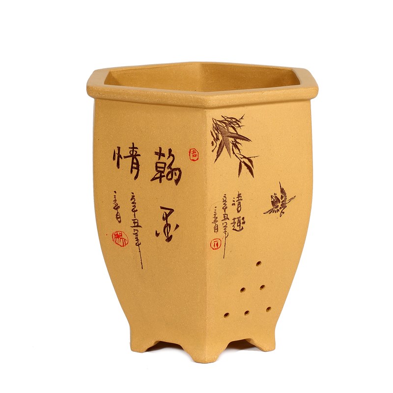 清香阁紫砂盆 段泥刻绘六方盆 春兰桌面盆栽花盆 手工制泥料透气