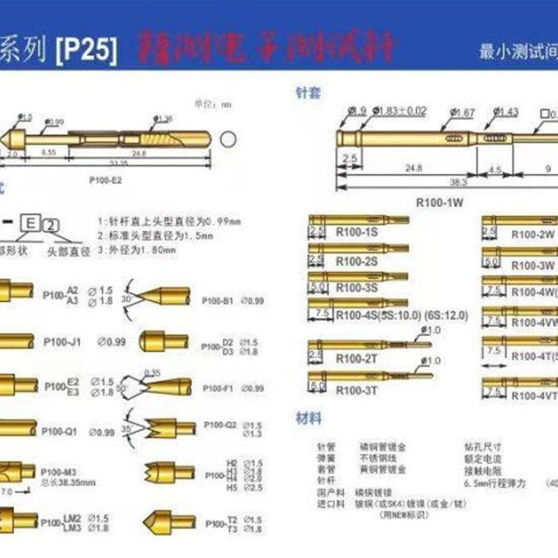 华荣探针P100-J1 1.0圆头测试针圆头1.0顶针1.36*33.3弹簧针铜针