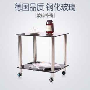 沙发边几小户型家用钢化玻璃长方形桌子茶几移动带滚轮转角小圆桌
