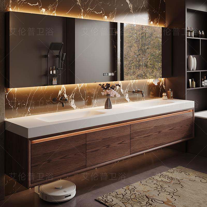 中古风浴室柜组合红橡木2025新款岩板热弯一体盆洗漱台洗手洗脸盆