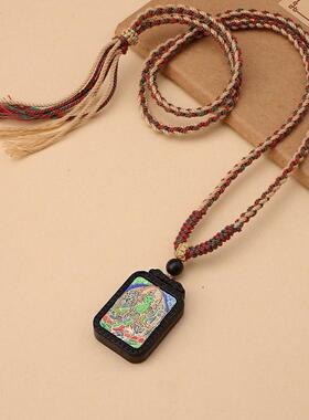 天然黑檀木无事牌长款吊坠项链2025年新款民族风配饰绿度母毛衣链