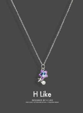 新款紫色水钻小花珍珠钛钢液吊坠十字链条锁骨项链女时尚气质高级