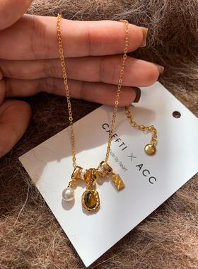 天然虎眼石吊坠长款珍珠项炼女配饰2025新款高级感轻奢叠戴毛衣炼