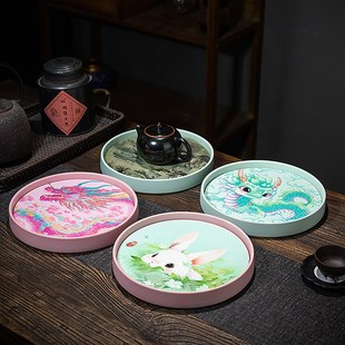 迷你简约圆形款 干泡茶台陶瓷茶盘粉色速吸A日式 沥水托盘