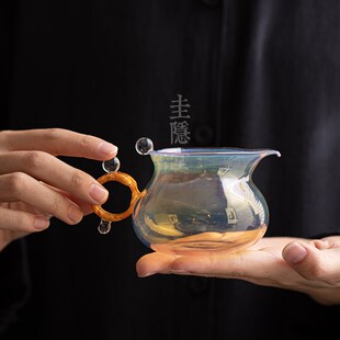 圭隐堂纯手工吹制熏银公道杯耐热玻璃家用带把公杯泡茶匀杯分茶器