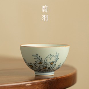 仿宋汝窑菊兔茶杯家用陶瓷主人杯单杯品茗杯高档客杯功夫茶具茶盏