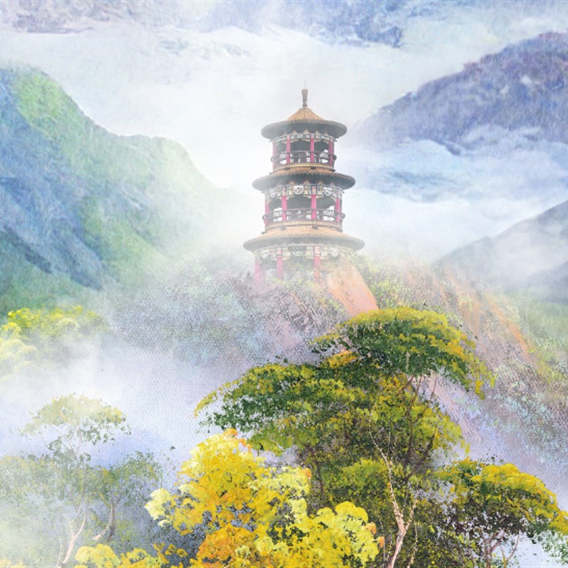 G《油画》D山水风景日出湖泊背有靠山客厅沙发背景壁画聚财