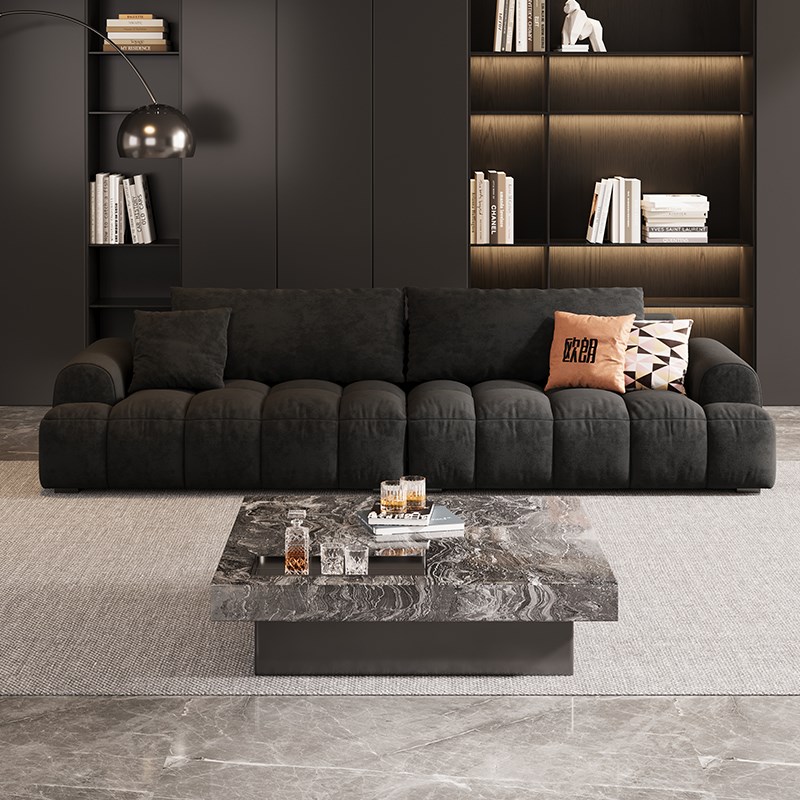 欧朗黑色泡芙沙发意式极简免洗猫抓布沙发现代小户型三人位