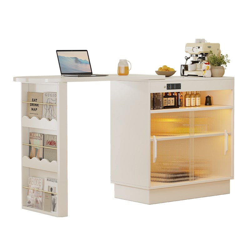 奶油风实木吧台桌家用伸缩白色靠墙餐边柜一体小户型客厅隔断桌子