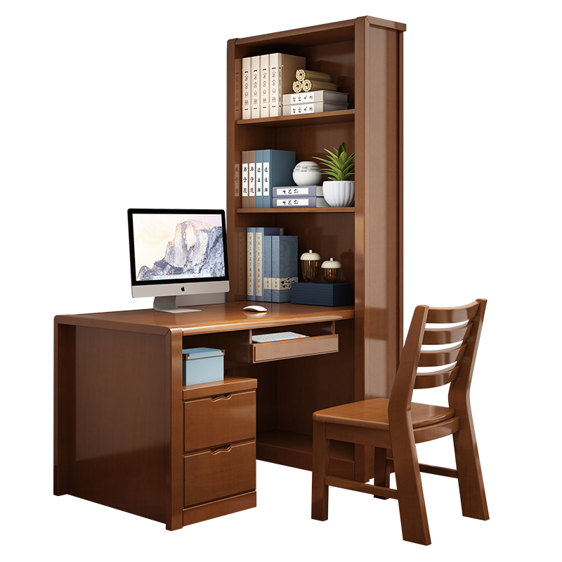 实木转角书桌家用带书架书柜一体电脑台式桌现代中式办公学习桌子
