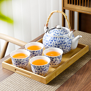家用青花瓷器酒店中式 陶瓷茶具套装 现代轻奢提梁泡茶壶Z杯子带托
