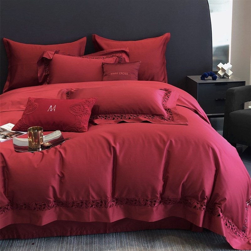 高端婚庆大红纯色镂空寝具床上用品S100长绒棉四件套家纺克拉