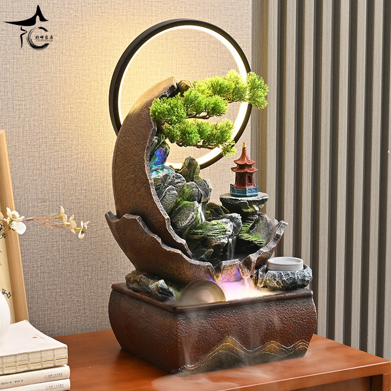 新中式假山流水桌面喷泉客厅茶室玄关循环水招财风水轮摆件送礼
