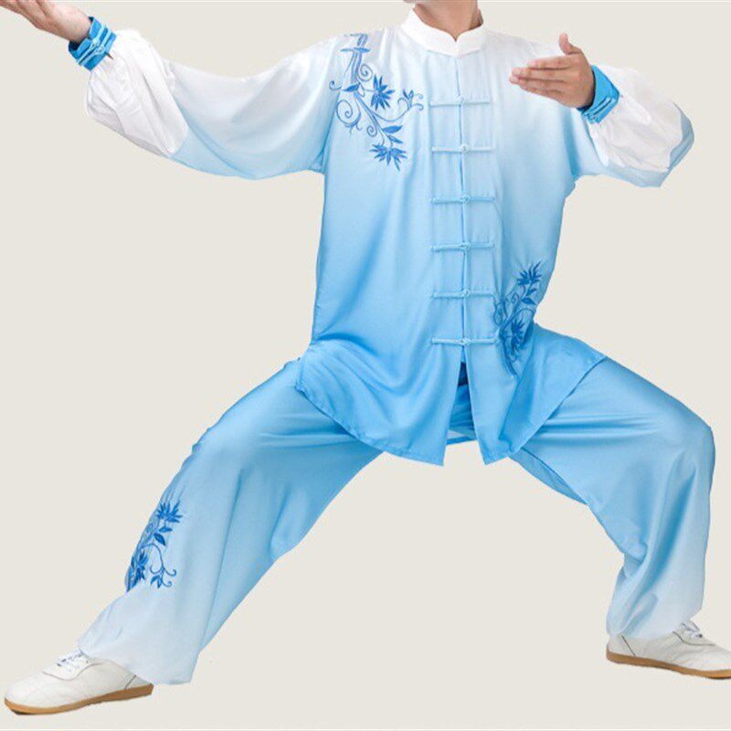 小和山太极服女刺绣青花渐变色披纱三件套武术表演比赛服男练功服