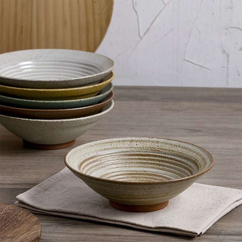 OMK 日式粗陶浅碗复古6.6英寸个性小吃凉粉碗特色餐厅菜碗