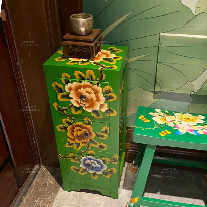 手工彩绘复古牡丹图三斗柜CD柜餐边床头柜花架地柜可定做实木家具
