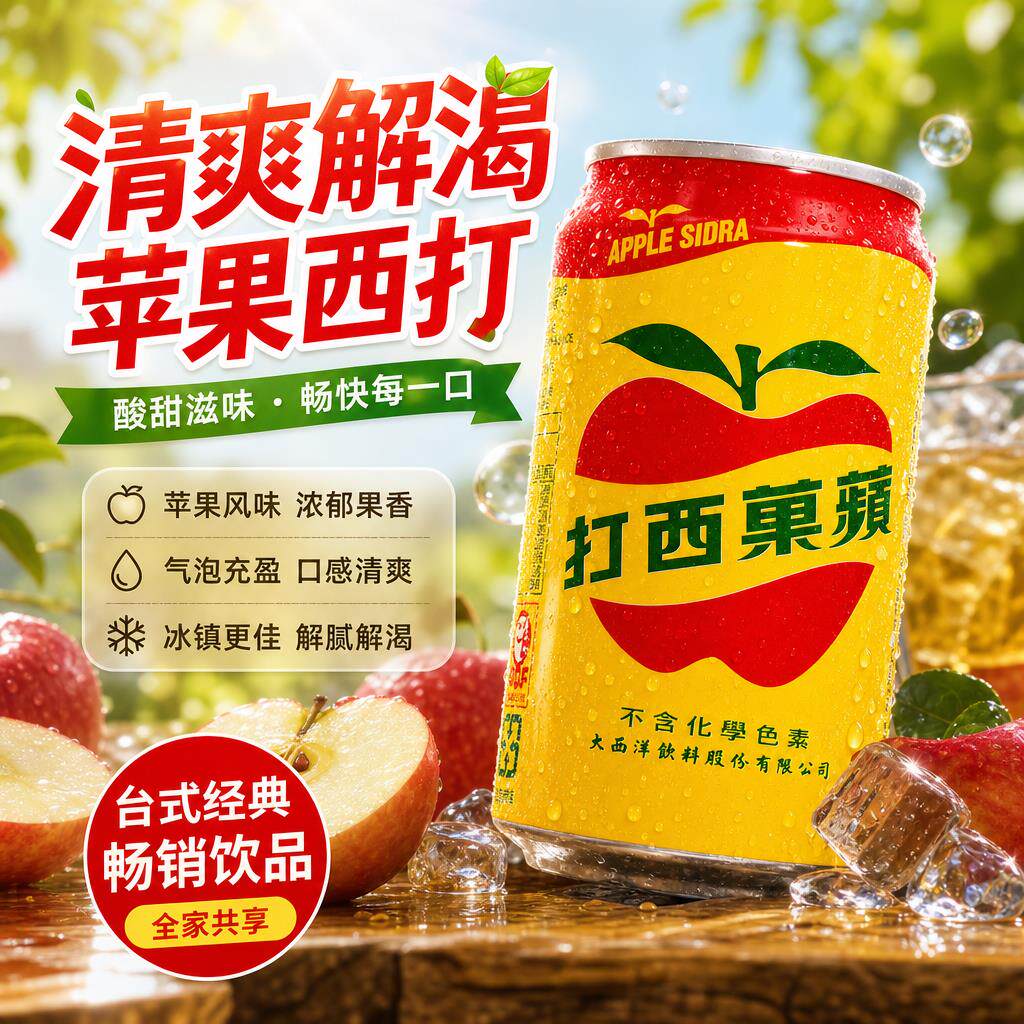台湾进口大西洋苹果西打碳酸饮料打西苹果汁味苏打汽水高端小瓶