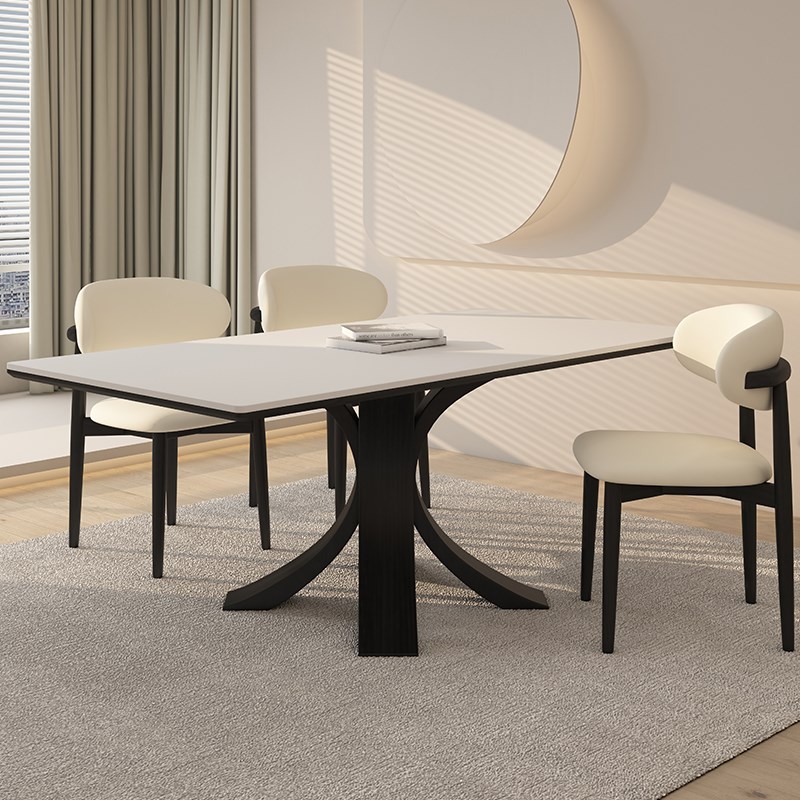 德利丰实木岩板餐桌小户型家用侘寂中古风高端黑色长方形全托饭桌