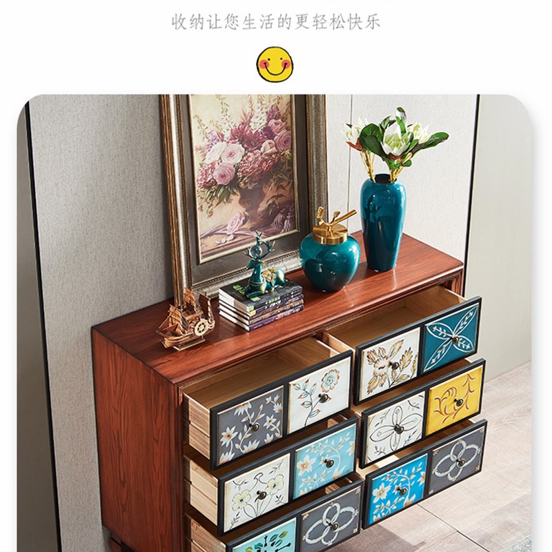 至高美式六斗玄关柜实木抽屉柜收纳储物柜复古彩绘门厅柜工厂