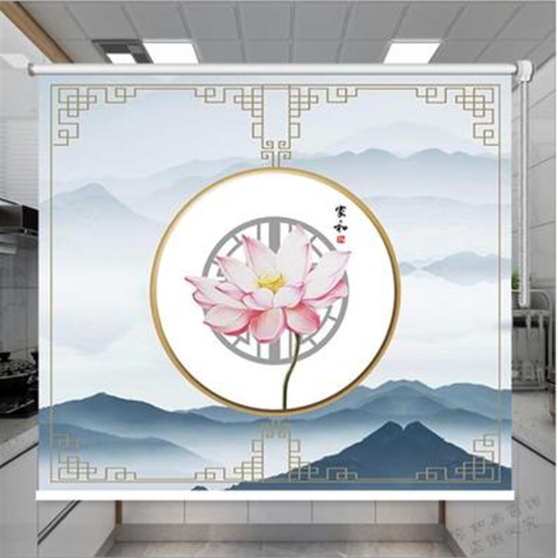 现代简约中式水墨山水复古客厅书房免打孔拉珠升降免打孔卷帘窗帘