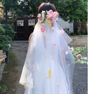 外景婚纱照道具结婚备婚领证拍照粘头纱伞婚纱摄影新娘头纱