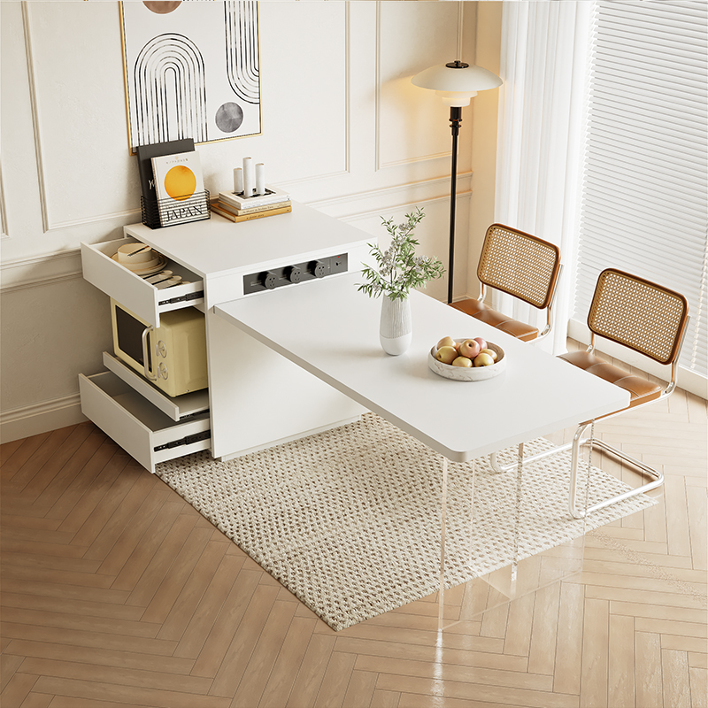 奶油风可伸缩岛台餐桌一体家用小户型抽拉格设计多功能岛台