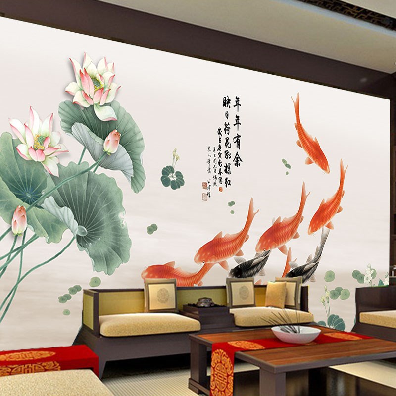 九条鲤鱼墙纸中式餐厅酒店民宿客房茶座背景图装饰画荷叶莲花壁纸图片