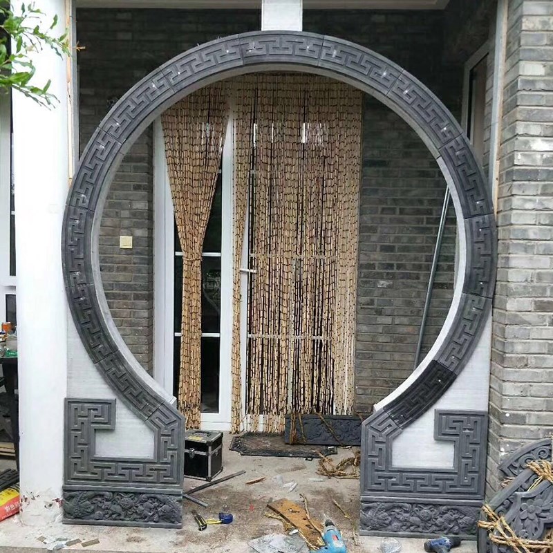 古建四合院月亮门砖雕圆形门框弧形回纹线青砖圆洞门口线拱形门套
