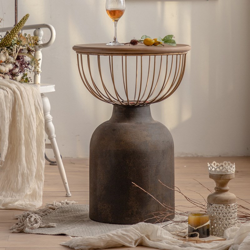 复古金色做旧大小圆桌子套装文艺客厅实木小茶桌格调阳台茶几