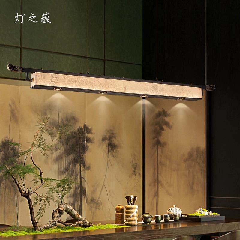 【云奕】新中式餐厅吊灯长条形复古中国风灯具全铜云石茶室书房灯