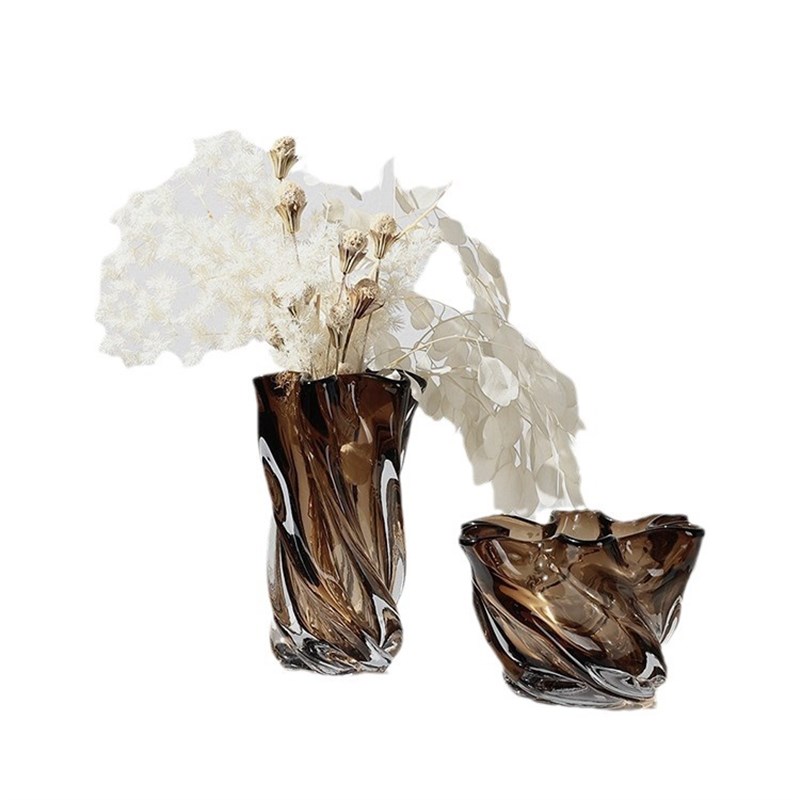 现代轻奢茶色玻璃花瓶插花客厅餐桌吧台氛围感软装饰桌面摆件家居