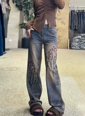 2025年冬季新款加绒复古重工刺绣高腰显瘦阔腿裤百搭时尚显瘦长裤