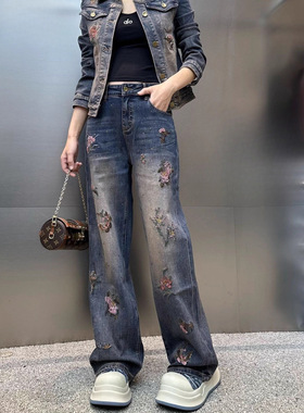 加绒重工刺绣粉花直筒阔腿牛仔裤2025年冬季复古个性时尚显瘦长裤