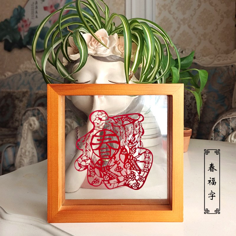 双面透明玻璃实木镜框绒布剪纸相框摆件便携礼品出国外事中国风