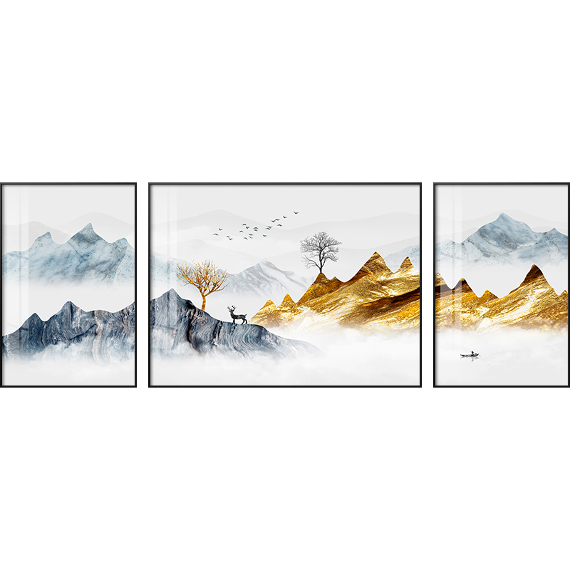 装饰画背靠金山家庭客厅沙发背景墙轻奢山峰三联组合新中式壁挂画图片