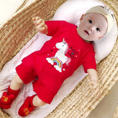 婴儿一周岁宴礼服国风男宝宝夏季短袖分体套装喜庆红色百天抓周服