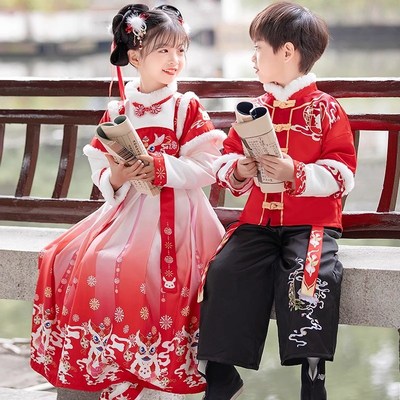 拜年服男童冬季女童过年演出服加厚红色唐装儿童古装汉服新年套装