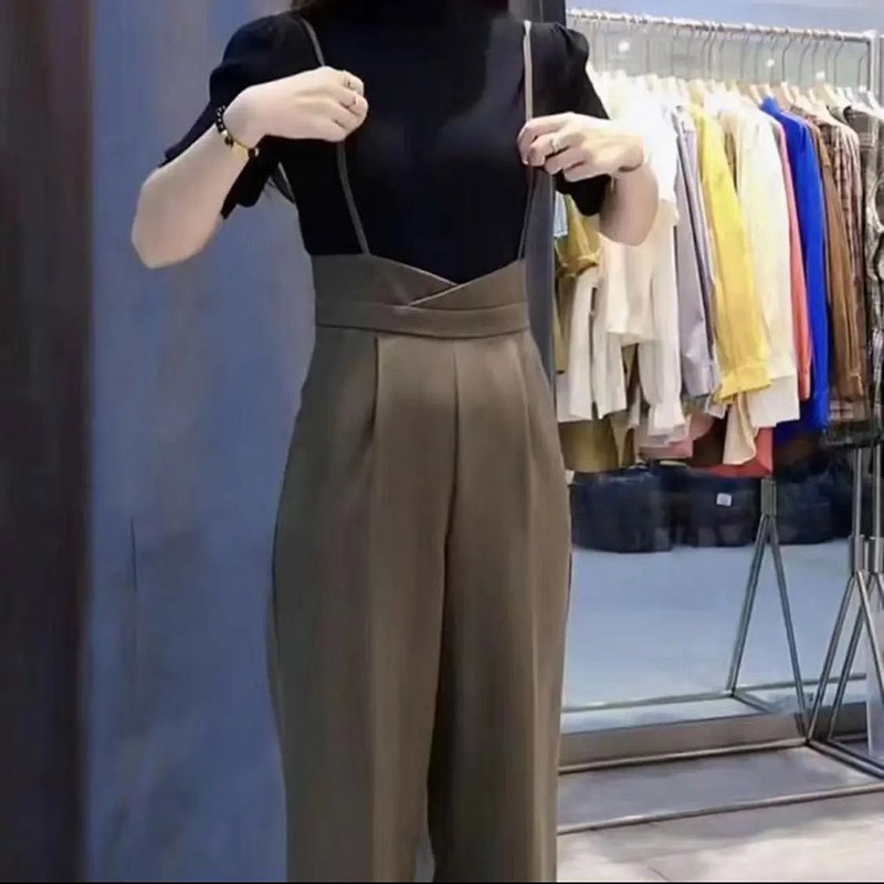 背带裤针织套装女2025春季新款设计感直筒休闲高腰垂度西装拖地裤