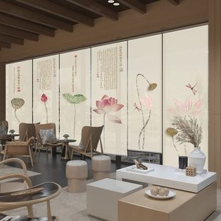 升降手拉悬挂式 中式 软屏风隔断玄关布帘客厅透明遮光卷帘窗帘心经