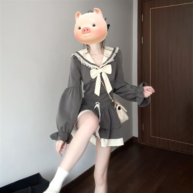 早春学院风穿搭一整套海军领蝴蝶结上衣搭配绑带拼接高腰半身短裙