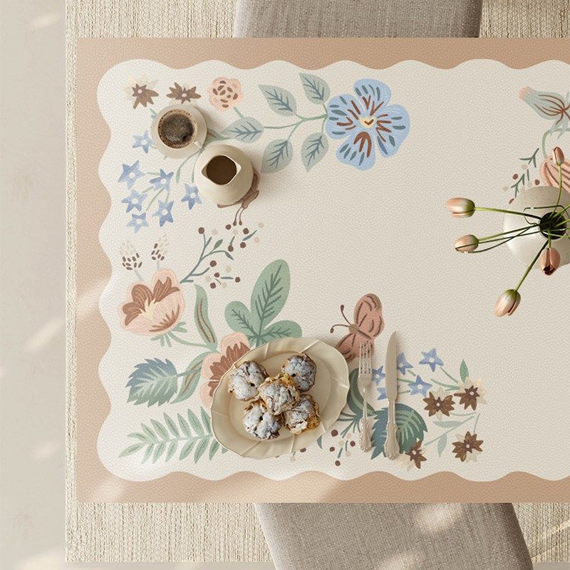 法瑞特法式奶茶色花朵皮革餐桌垫防水防油长方形桌布高级感茶几垫,居家布艺,桌布,淘宝优惠券,粉丝福利购,淘宝优惠卷