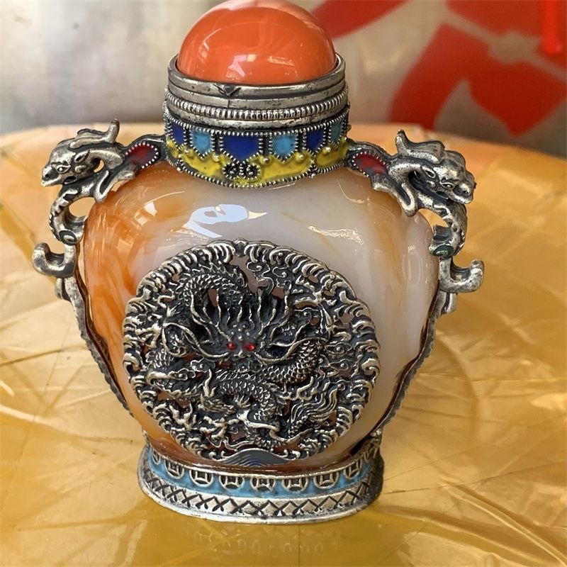 复古怀旧藏族杂项纯铜双面红色仿玛瑙鼻烟壶老货烟具收藏特色工艺