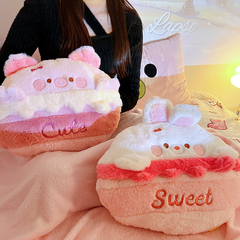 卡通蛋糕狗毛绒午睡抱枕毯子冬季被子二合一靠枕女生两用小猪暖手