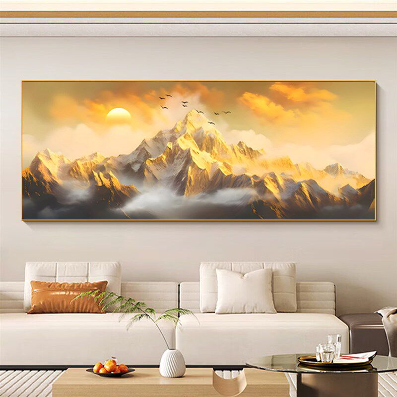 日照金山图客厅西墙装饰画背靠金山聚财山水画沙发背景墙横版壁画