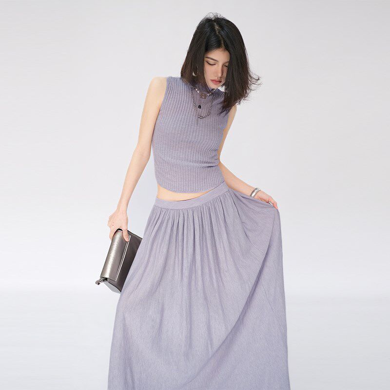 OF U法式紫色无袖背心中长款裙子两件套春夏高腰气质一整套半身裙