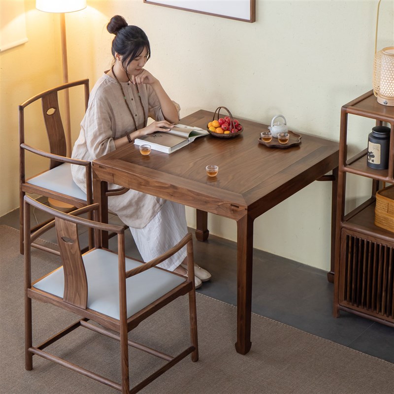 杪轩新中式正方形方桌黑胡桃木小户型餐桌棋牌茶桌实木八仙桌家用