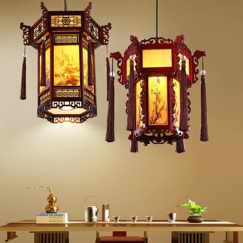 中式实木仿古吊灯餐厅吧台茶楼酒店长廊灯笼火锅店木艺羊皮灯国潮