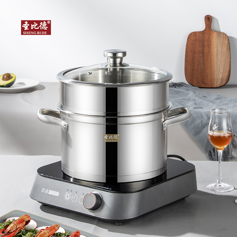 蒸锅304不锈钢双层直角蒸汤锅家用食品级304不锈钢蒸锅礼品