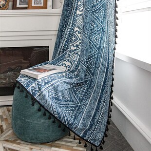 饰挂帘隔断帘子半帘 波西米亚民族棉麻风半遮光落地窗帘流苏飘窗装