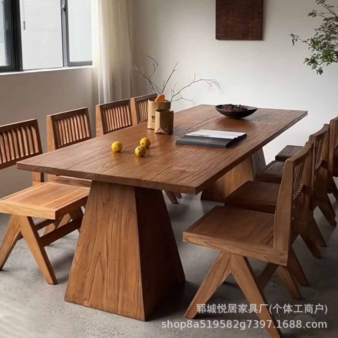 新中式老榆木餐桌实木长方形老门板茶台拼花长条桌多人办公桌茶桌